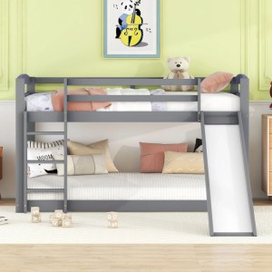 Graues KOMHTOM Etagenbett 90x200 cm mit Leiter und Rutsche. Jugendbett aus Massivholzrahmen für Kinderzimmer.