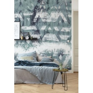 Sanders & Sanders Fototapete Künstlerisch Blaugrün, abstrakte Formen im Schlafzimmer.