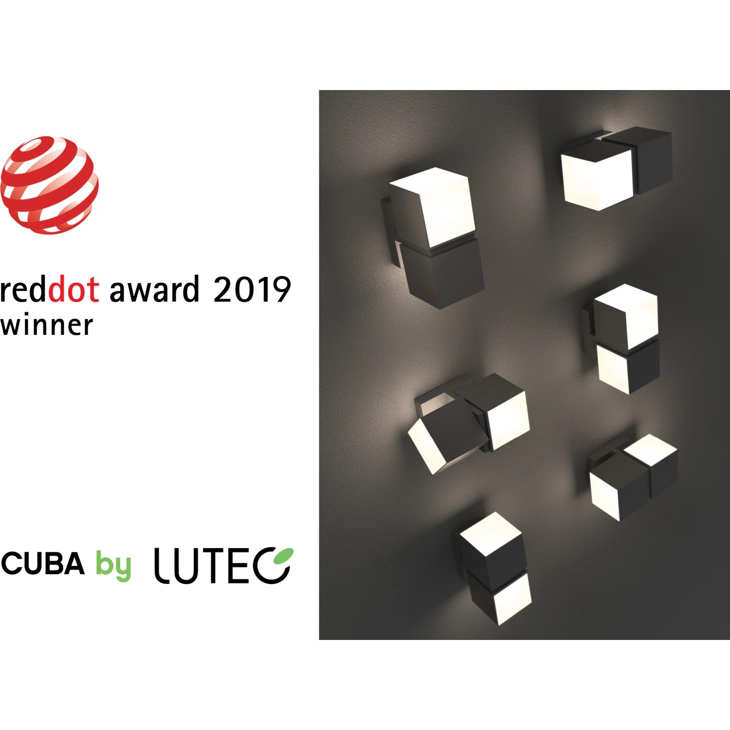 Mehrere Lutec Cuba LED Design Außenwandleuchten mit drehbaren, würfelförmigen Köpfen an einer Wand.