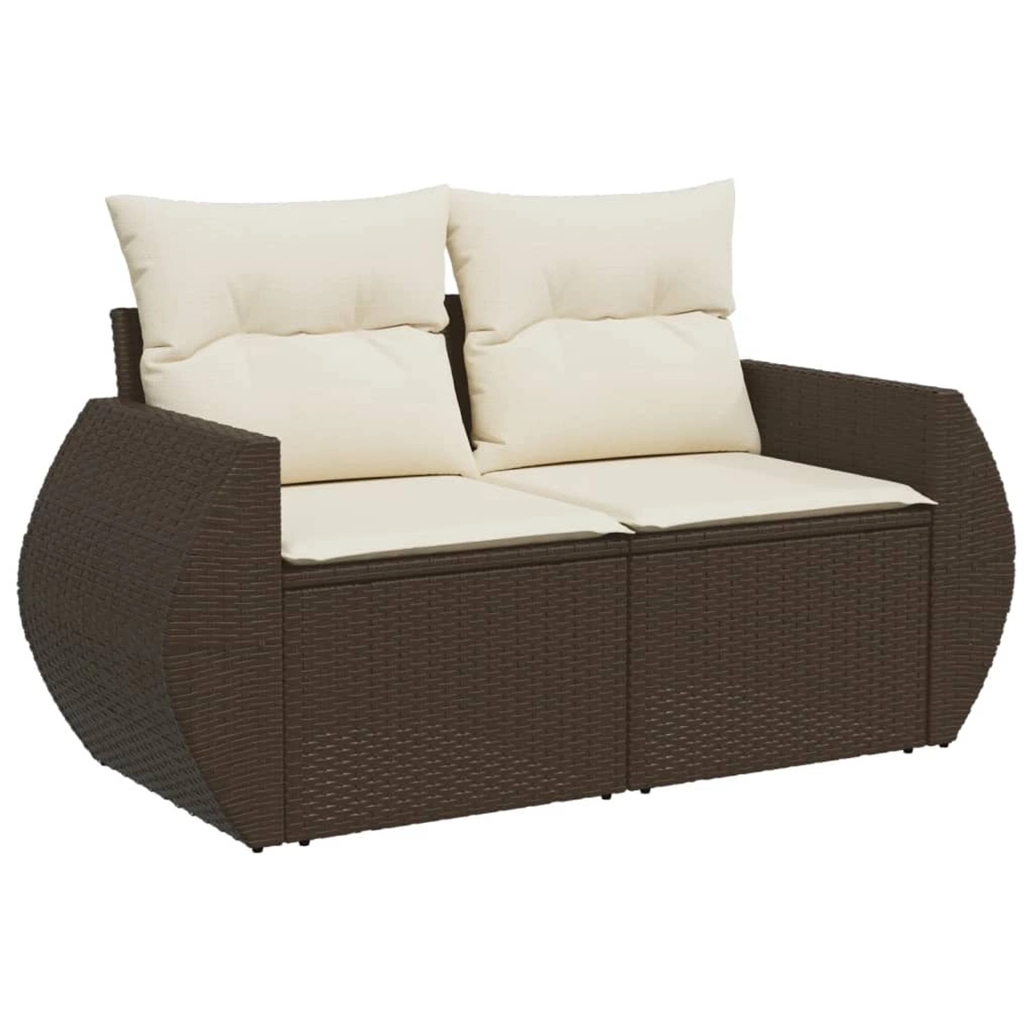 Braune 2-Sitzer Garten-Sofagarnitur aus Poly Rattan mit cremefarbenen Kissen.