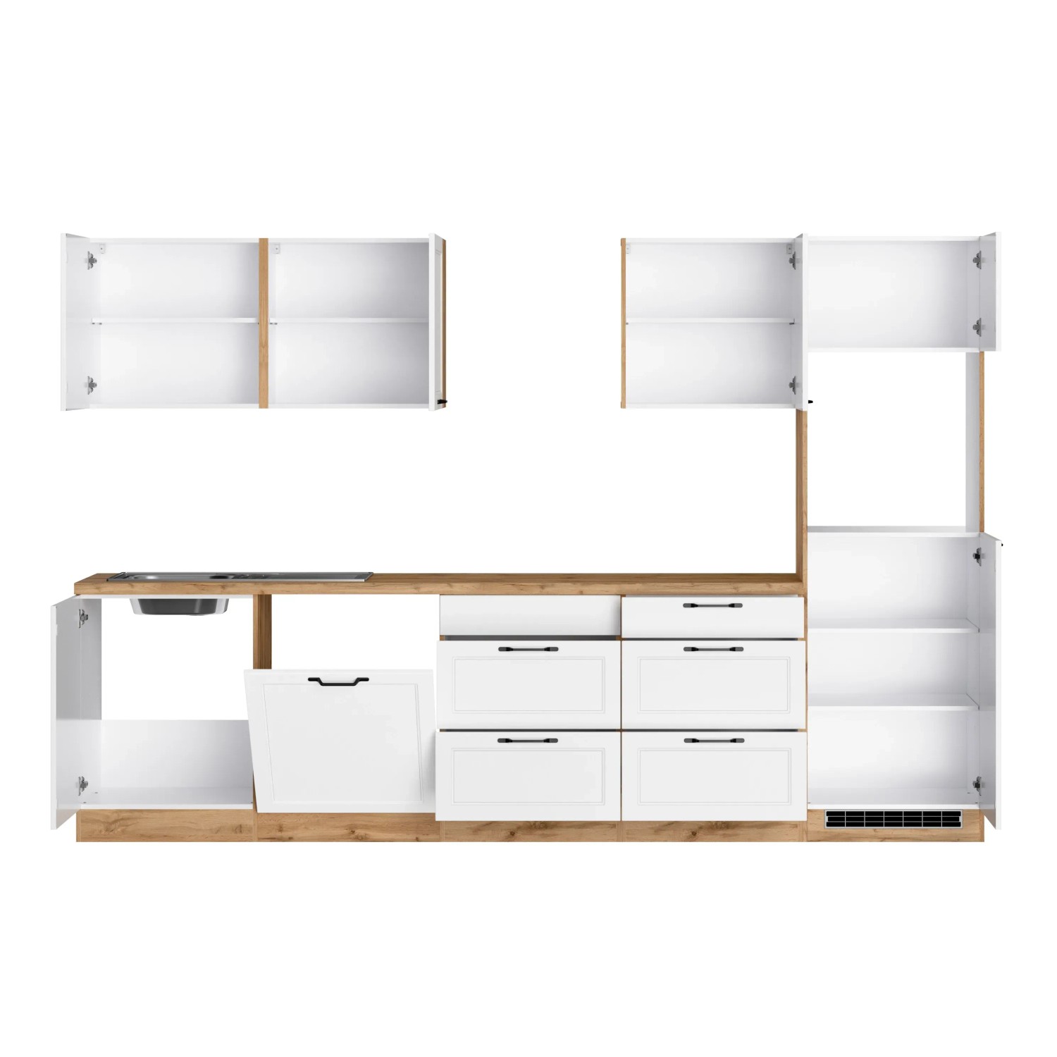 Küchenzeile Kempten 300 cm in Weiß/Wotan Optik, ohne E-Geräte. Landhausstil mit Hänge- und Unterschränken.