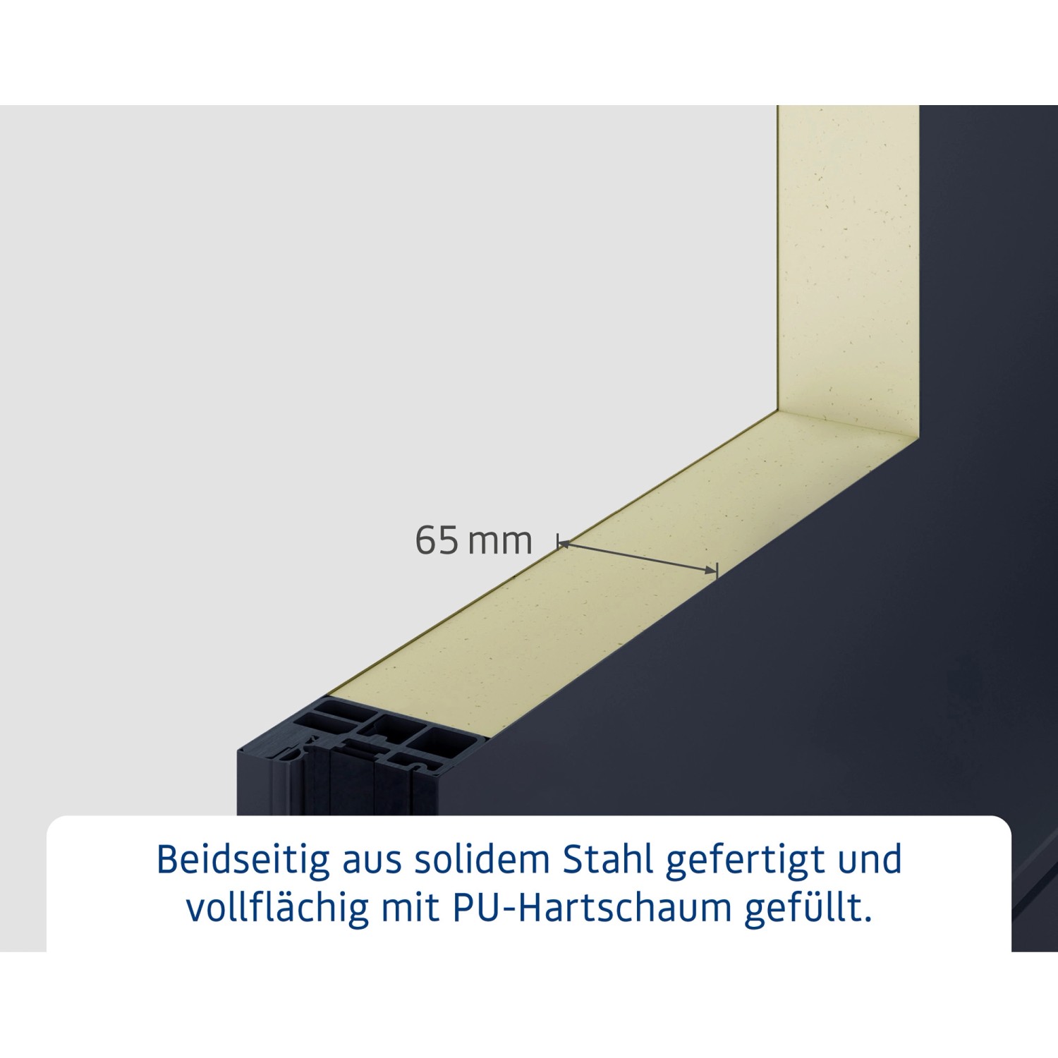 Detailaufnahme EcoStar Haustür Isopro Secur: Stahlkonstruktion mit PU-Hartschaumfüllung, 65mm stark.