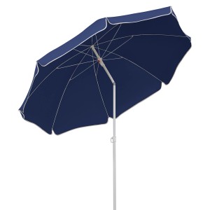 Blauer Schneider Balkonschirm Ø 200 cm mit Push-Up Mechanik und weißer Umrandung.
