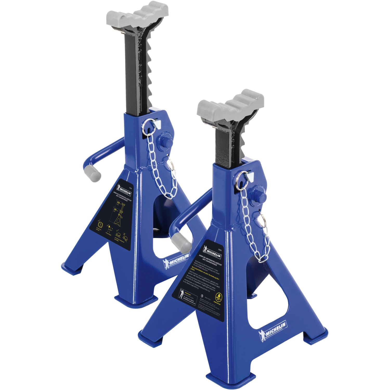 Zwei blaue Michelin Unterstellböcke, 9-stufig höhenverstellbar, für Wartung und Autoreparatur.
