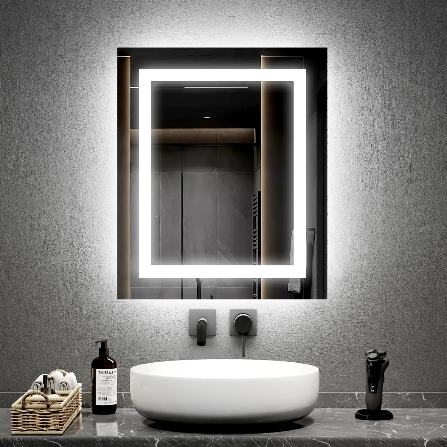 Rechteckiger Emke Badspiegel 50x60 cm mit LED-Beleuchtung, Kaltweiß/Warmweiß und Kippschalter.