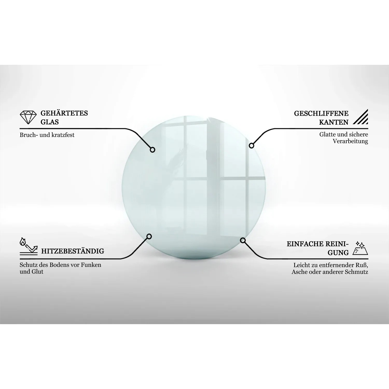 Runde, transparente Glasplatte für Kaminöfen, zeigt gehärtetes Glas, polierte Kanten, Hitzebeständigkeit und leichte Reinigung.