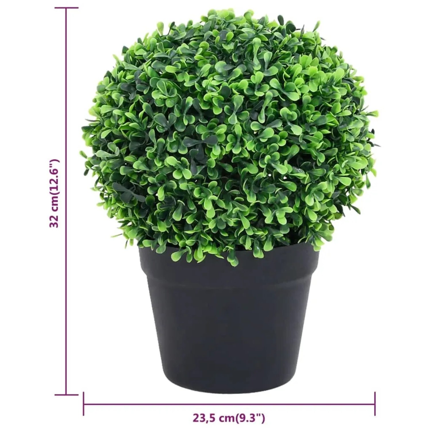 Zwei künstliche Buchsbäume in Kugelform, grün, 32 cm hoch, im Topf. Dekorative Kunstpflanzen für Innen und Außen.