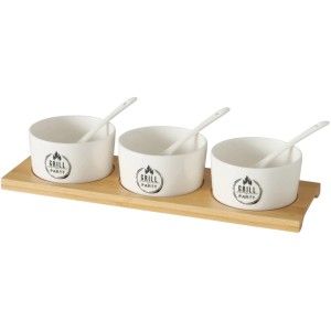 Boltze Schalen-Set Conny, 7-teilig, weiß, mit Bambus-Tablett und Löffeln. Modernes Deko-Highlight für Geschenkartikel.