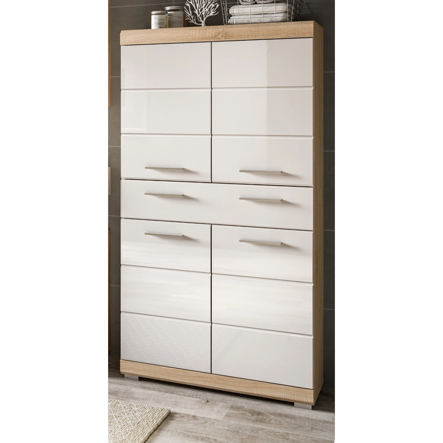Inn.Furn Badezimmer Midischrank in Weiß Hochglanz und Eiche 74 x 141 cm Mam günstig online kaufen