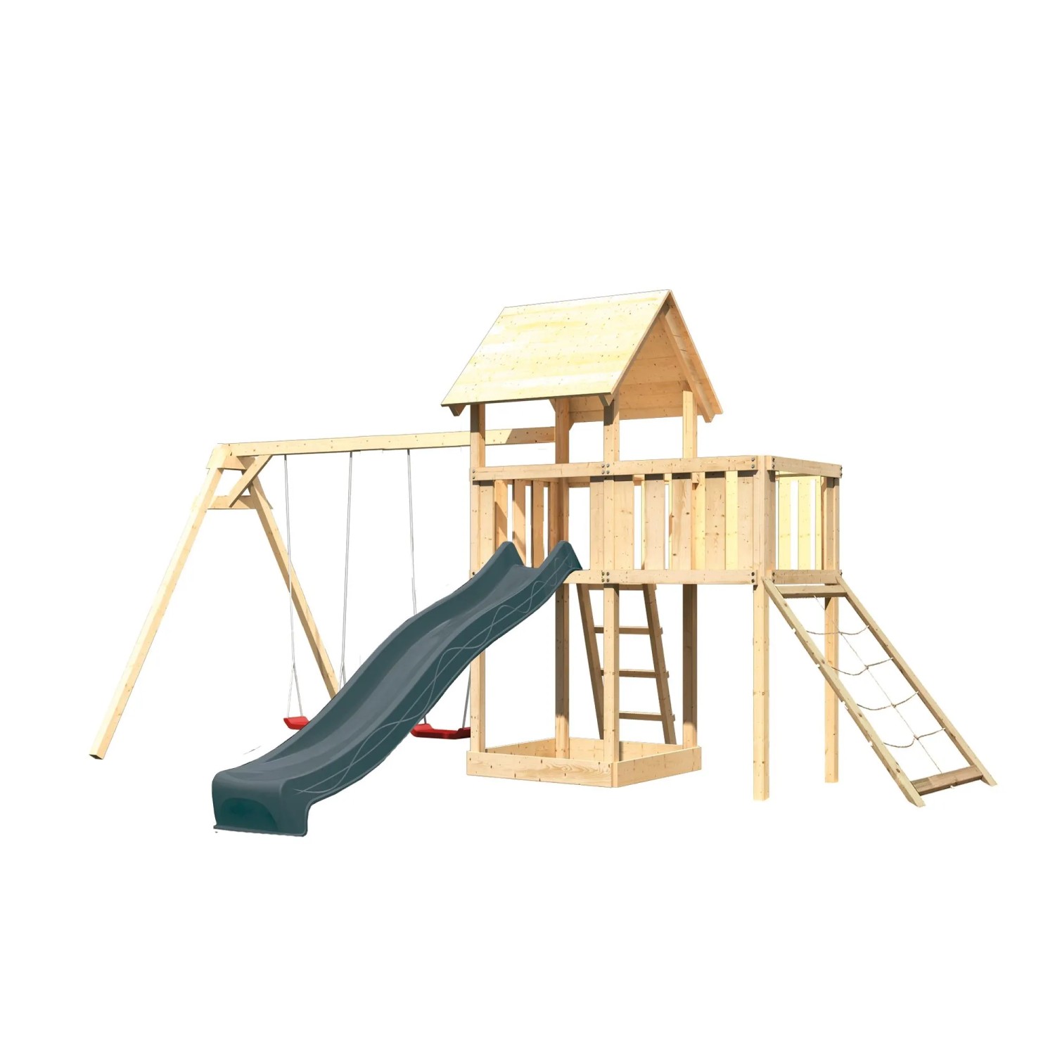 Karibu Spielturm Lotti mit Rutsche Doppelschaukel Plattform u. Rampe