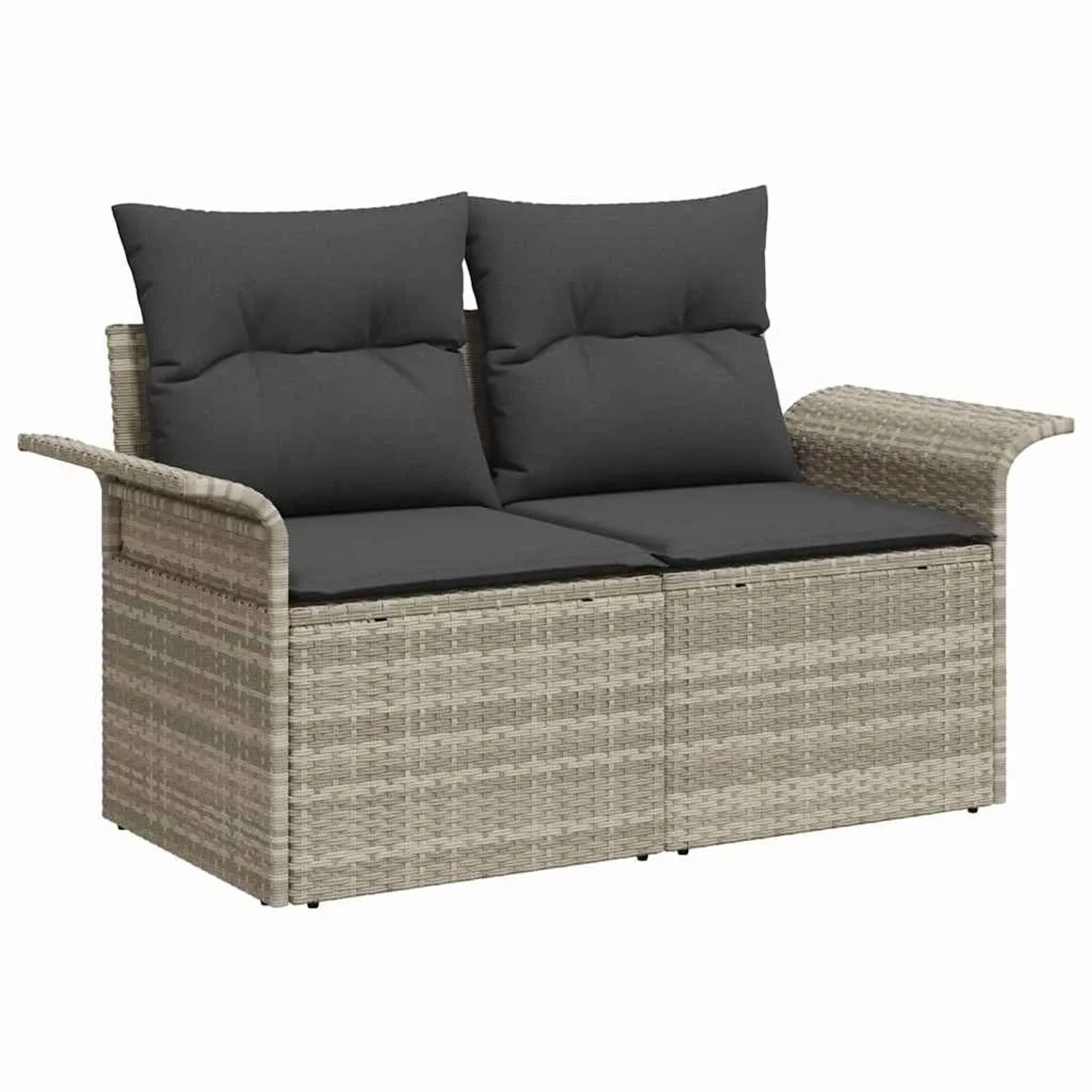 Hellgraues vidaXL Garten-Sofa-Set aus Polyrattan mit grauen Kissen.