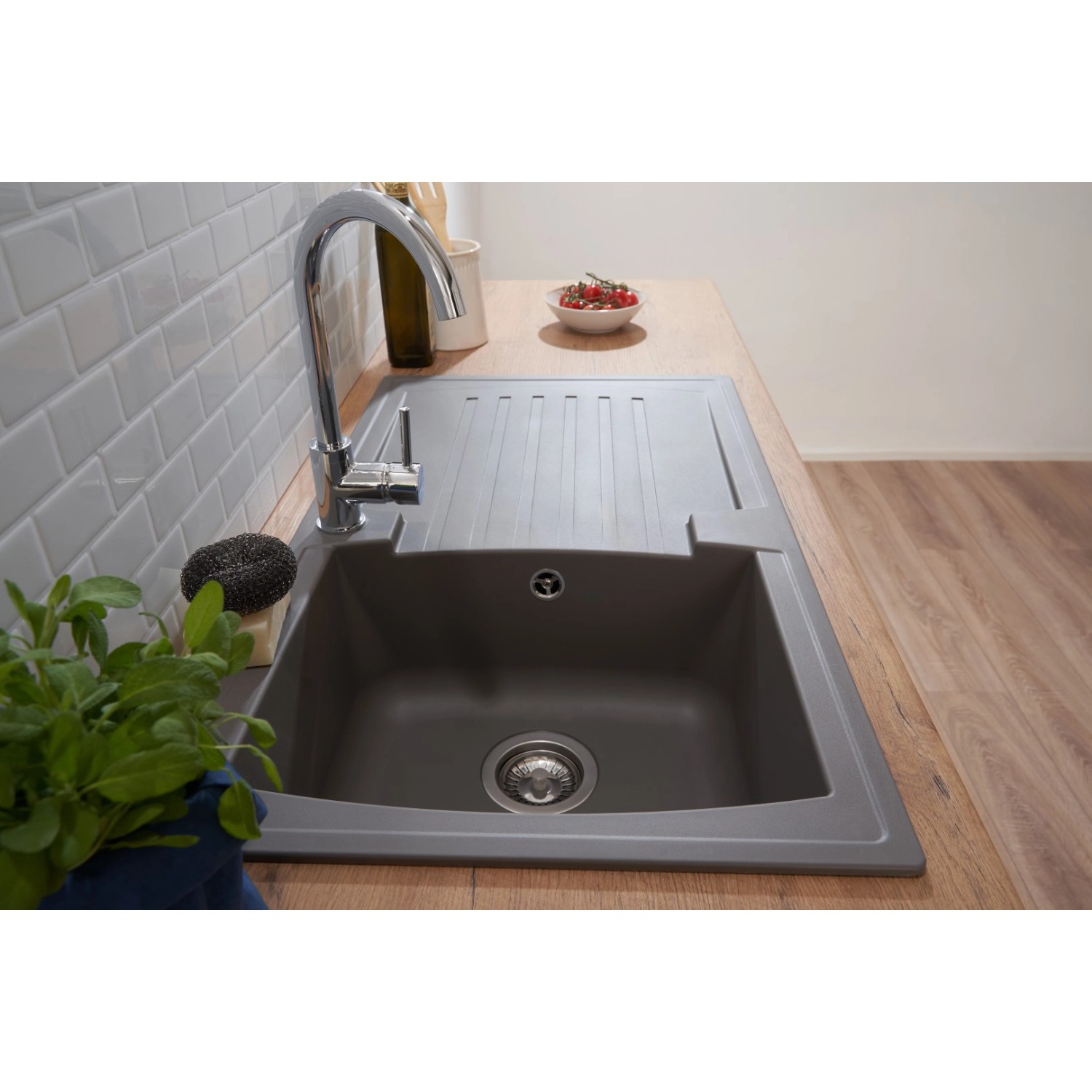 Respekta Einbauspüle Mineralite Boston, 86x50 cm, Betongrau mit Abtropffläche.