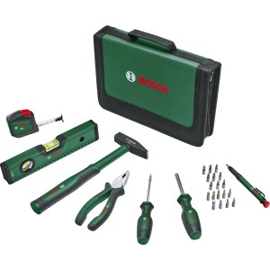 Bosch Handwerkzeug Set, 25-teilig, mit Tasche, Hammer, Zange, Schraubendreher, Wasserwaage und Maßband.