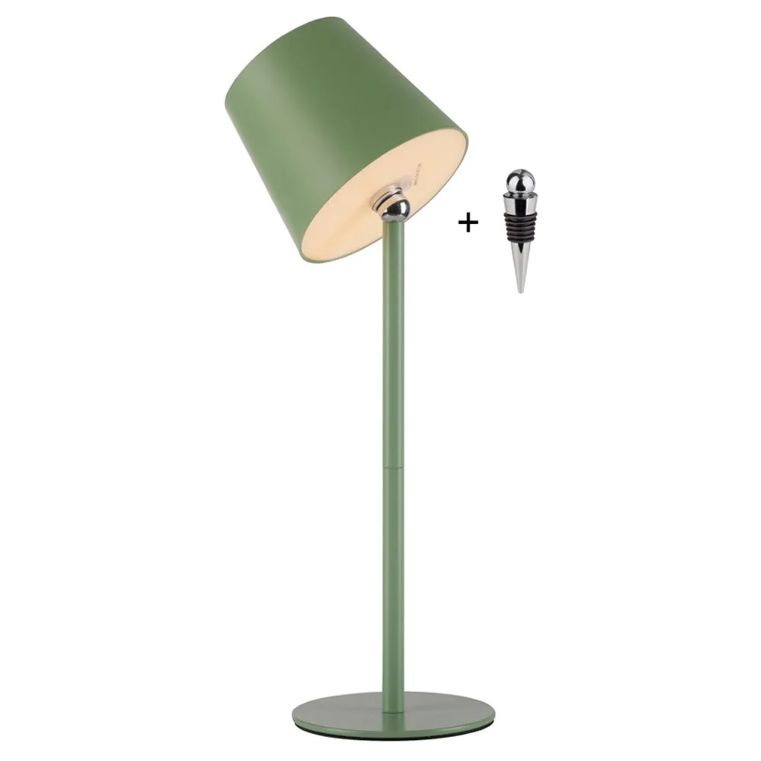 Grüne Akku-LED-Tischleuchte Boteria mit Flaschenaufsatz, schwenkbarer Kopf, dimmbar, H 37cm.