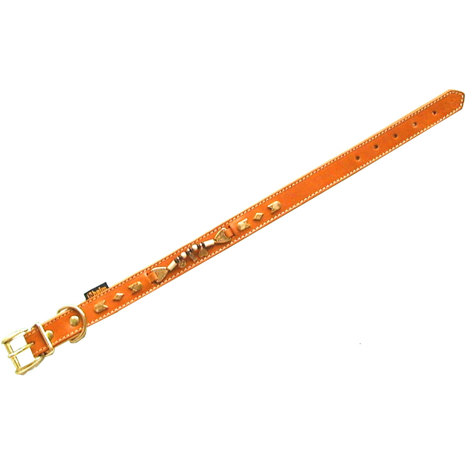 Cognacfarbenes Heim Hundehalsband Buffalo, 25 mm breit, 60 cm lang, mit Nieten und Schmuckelementen.