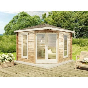 Braunes Alpholz Gartenhaus Liwa Compact mit Spitzdach und Doppeltür auf Terrasse.