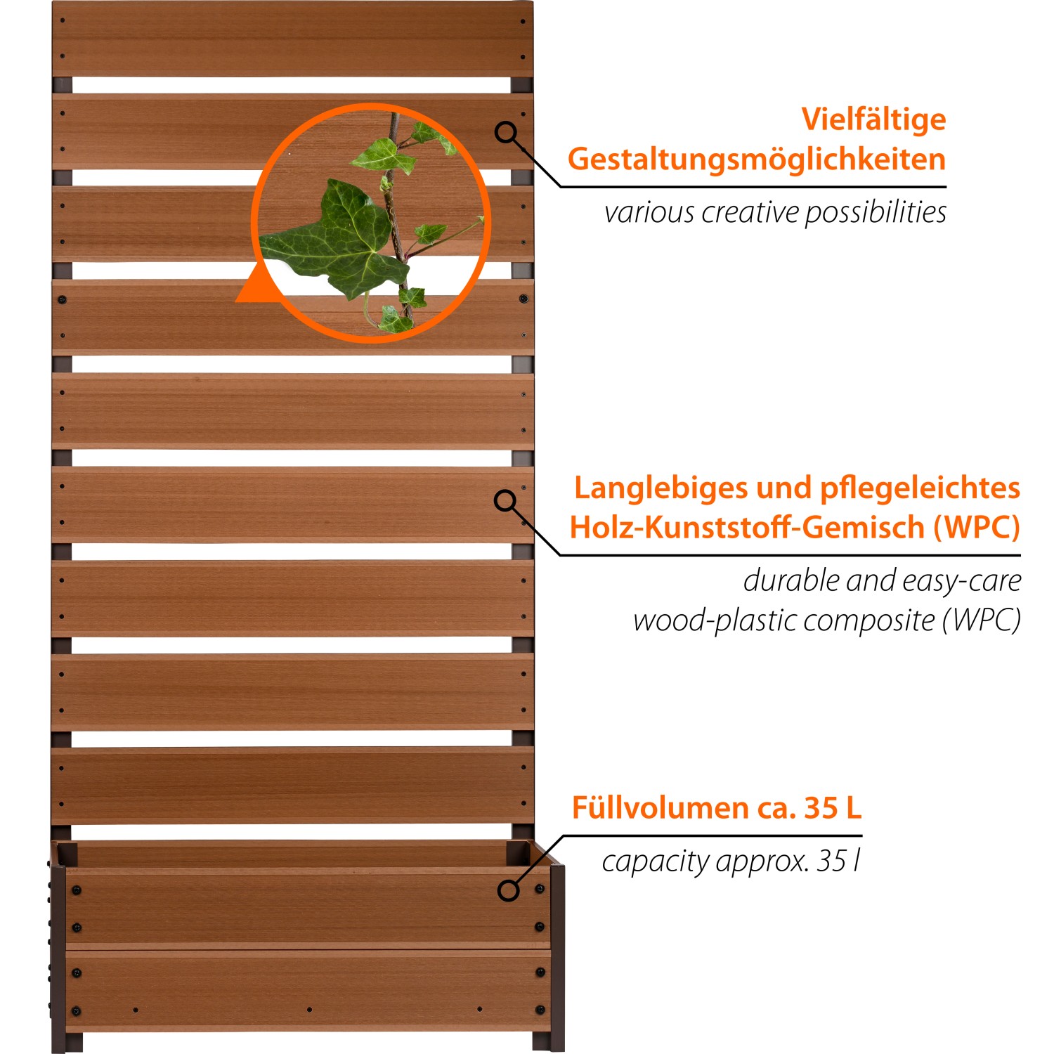 Dobar Pflanzbeet mit Rankgitter aus WPC in Teakholz-Optik, 137x72x33 cm.