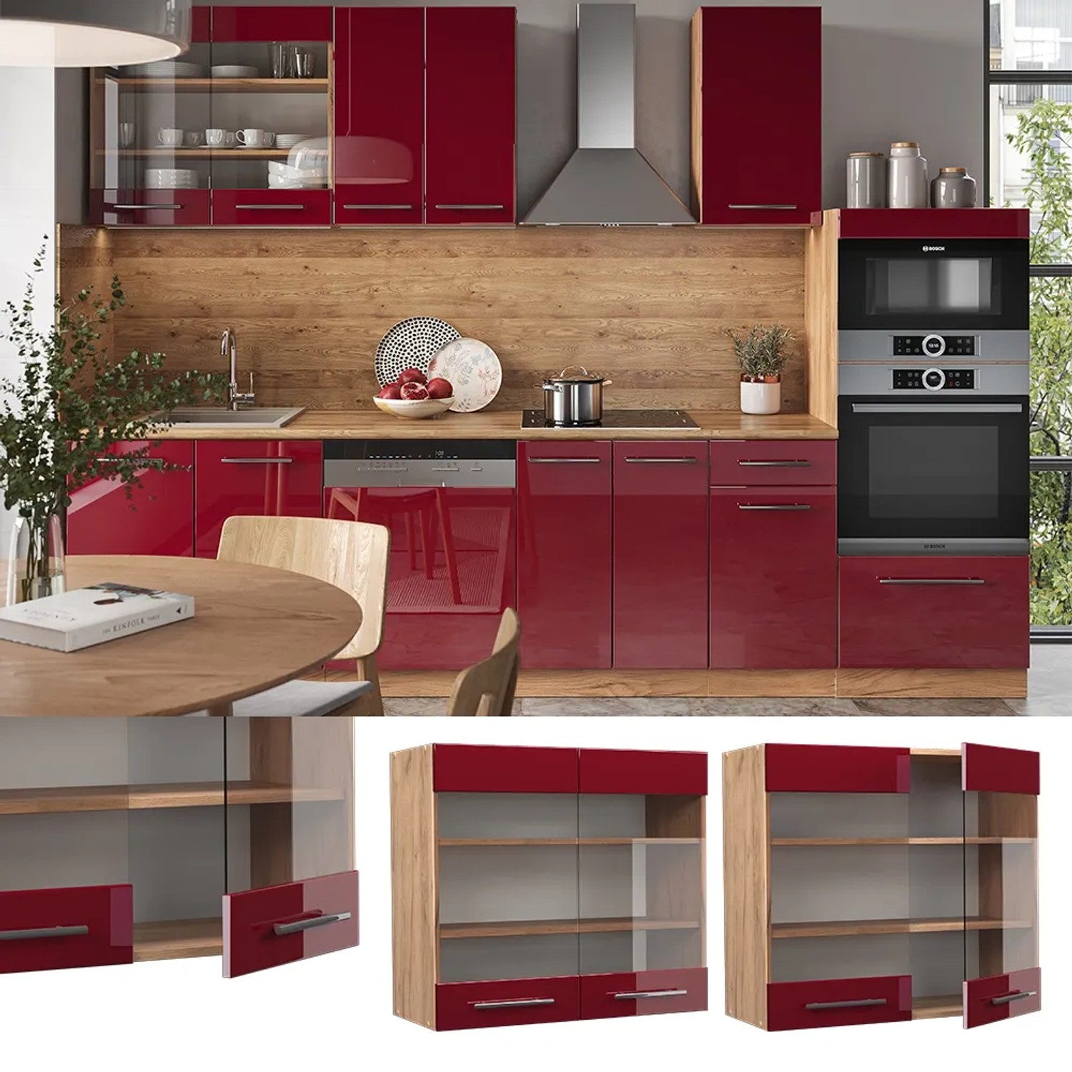 Vicco Küchenglasschrank Fame-Line, Bordeaux Hochglanz/Eiche, 80 cm. Hängeschrank mit Glasfront.