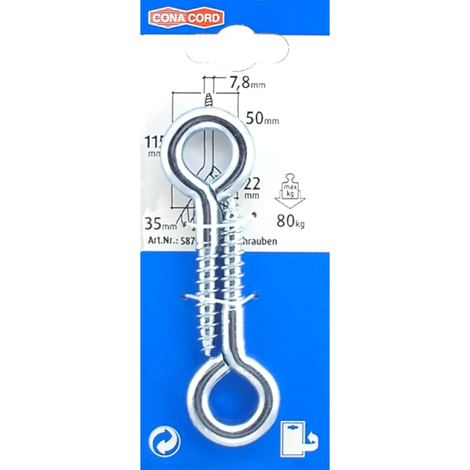Conacord Ösenschraube, 8 mm x 81 mm, 2 Stück, verzinkter Stahl, für Deckenhaken.