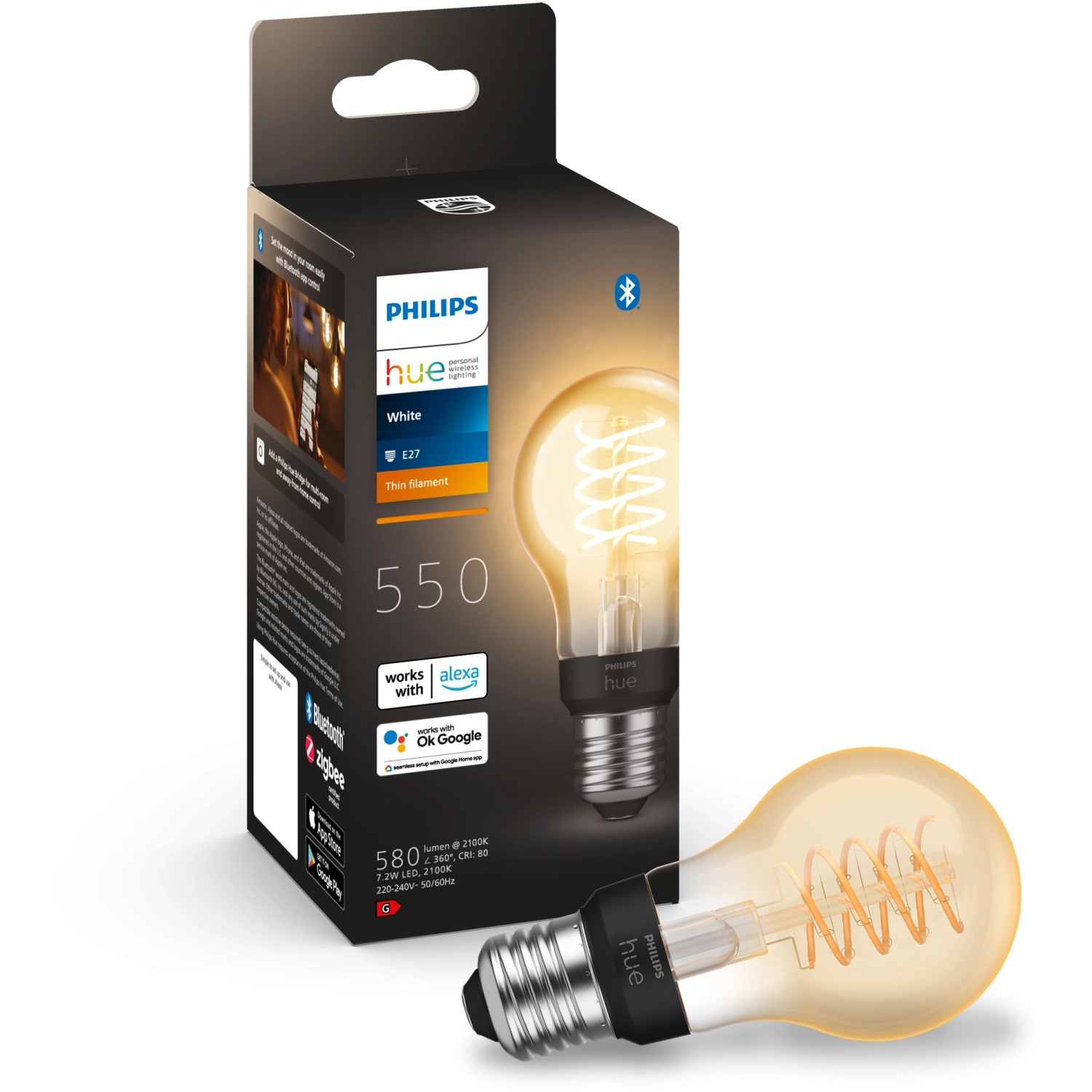 Philips Hue E27 LED-Lampe, A60 Filament, 550 lm, warmweißes Licht, Vintage-Look.