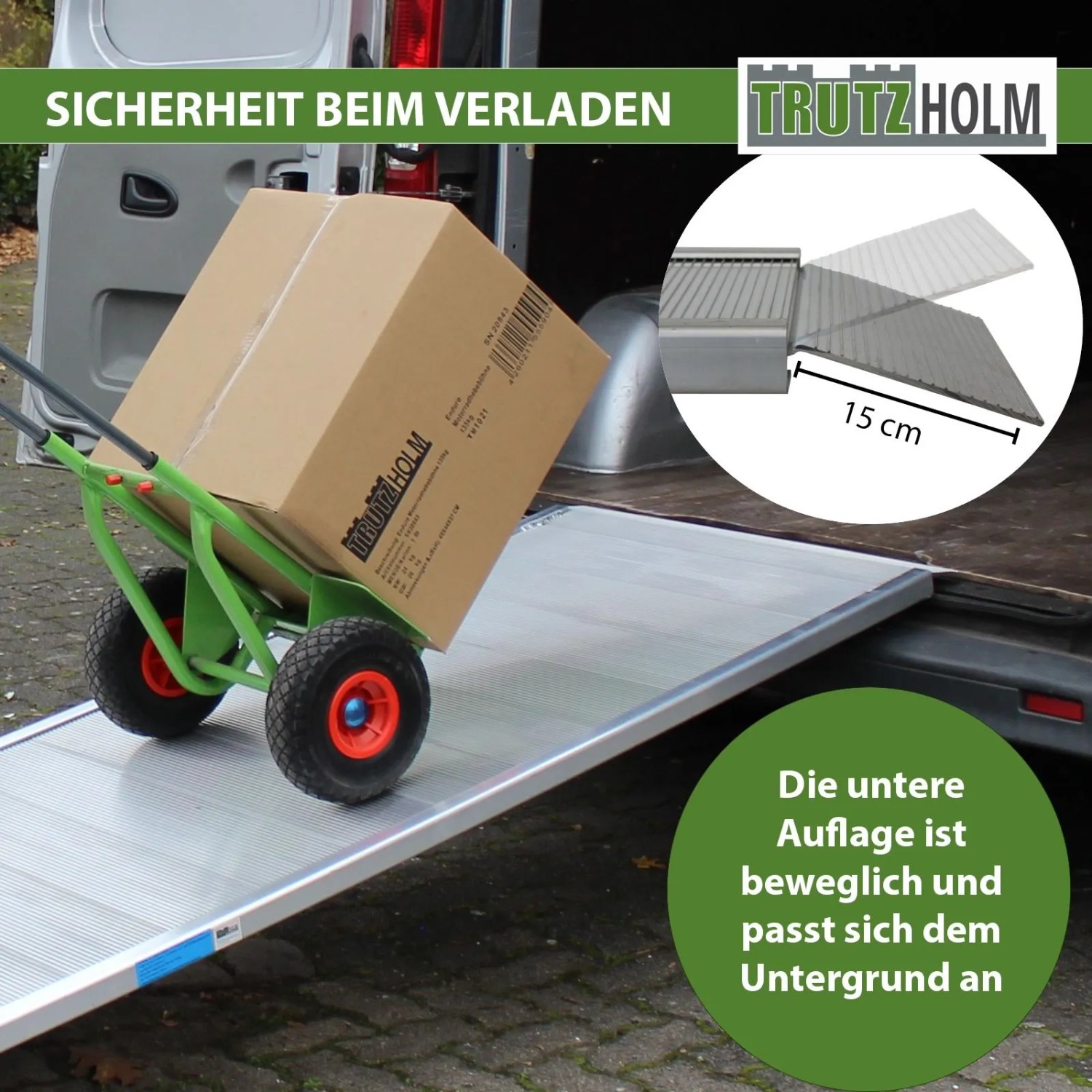 TRUTZHOLM Alu-Breitrampe 305x80 cm, geriffelt, für sicheres Verladen von Karton in Transporter. Flexible Auflage passt sich an.