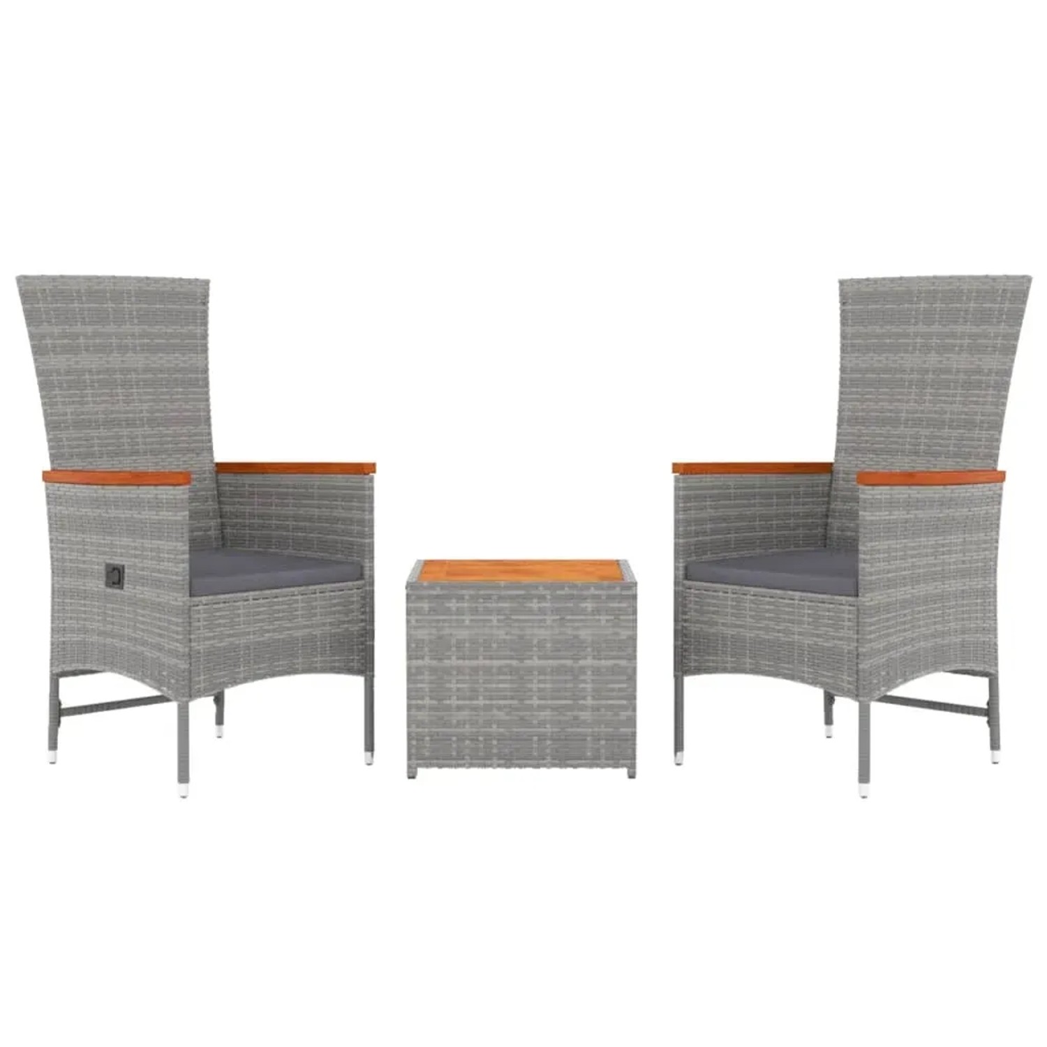Graues 3-tlg. Garten Lounge Set aus Rattan und Akazienholz mit Tisch und Sesseln.