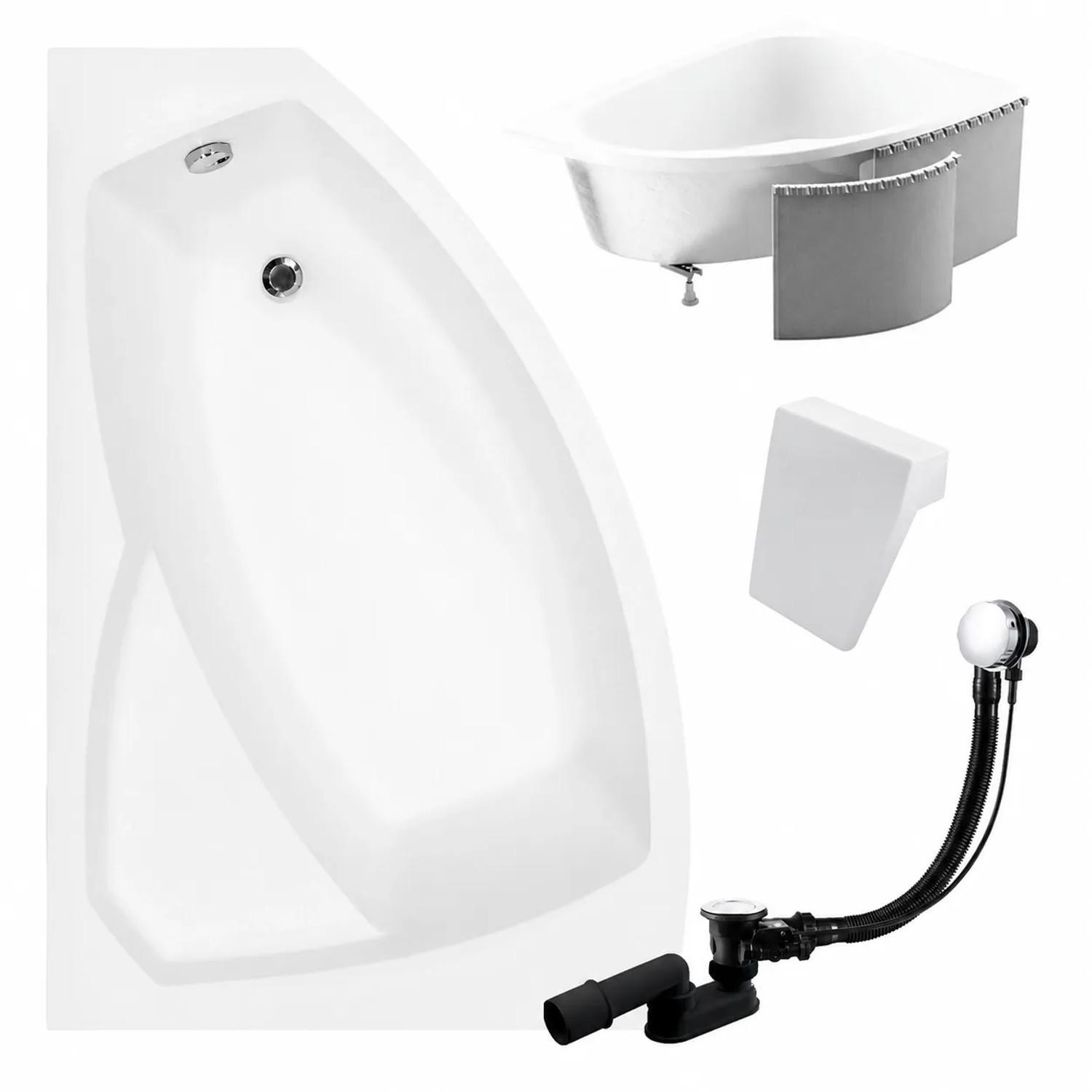 KOLMAN Badewanne Eckwanne 160 x 100 Cm Links Mit Styroporverkleidung Und Weißer Kopfstützen Inkl. Ablauf Und Füße