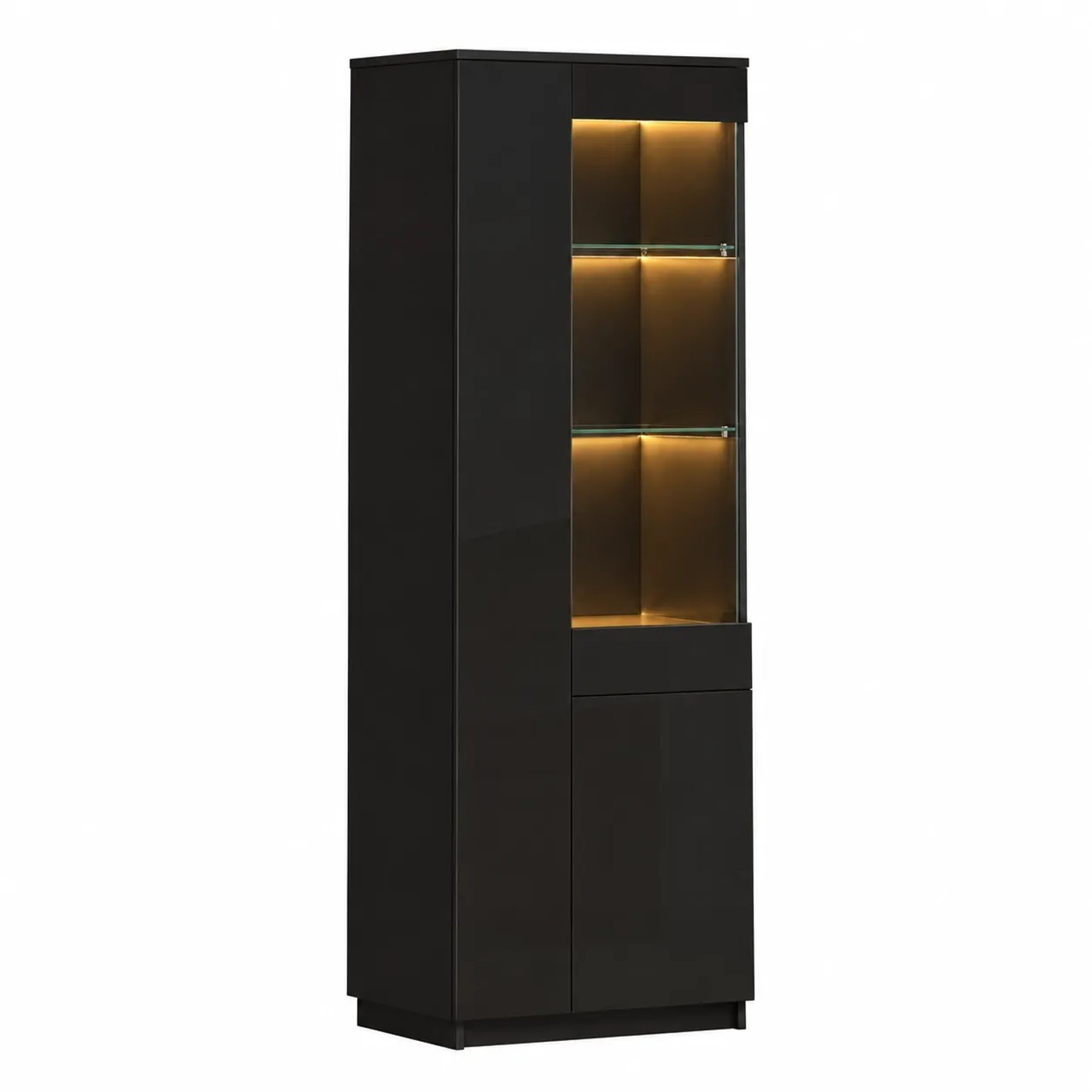 Merax Hochglanz Vitrine mit LED 2 Schubladen Hochschrank Schwarz