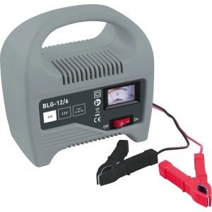 Graues Batterie-Ladegerät 6 A mit Klemmen für 12 V Blei-Säure-Batterien (14-84 Ah).