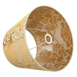 Goldener konischer Stoff-Lampenschirm für Stehlampen, Ø 38 cm, mit barockem Muster und E27 Fassung.