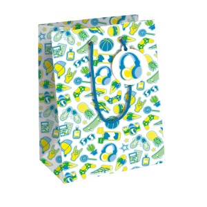 Bunte Clairefontaine Geschenktasche M mit modernen Urlaubsmotiven wie Kopfhörern und Skateboards. Ideal für Geschenkverpackungen.
