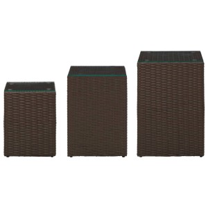 vidaXL Beistelltische, 3er Set, braunes Poly Rattan mit Glasplatten.