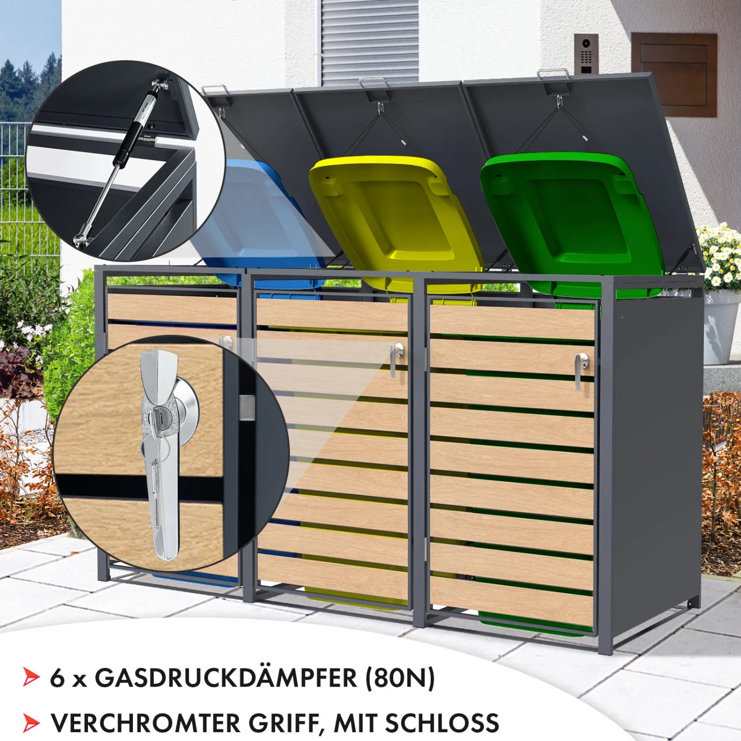 KARAT Mülltonnenbox Johan für 3 Tonnen, Edelstahlrahmen, Holzdekor. Stilvolle Ordnung im Garten.
