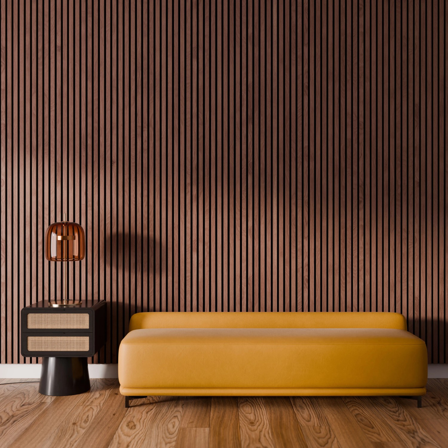 Akustikpaneel Walnuss Natur auf Schwarz, Wandverkleidung für besseren Raumklang.