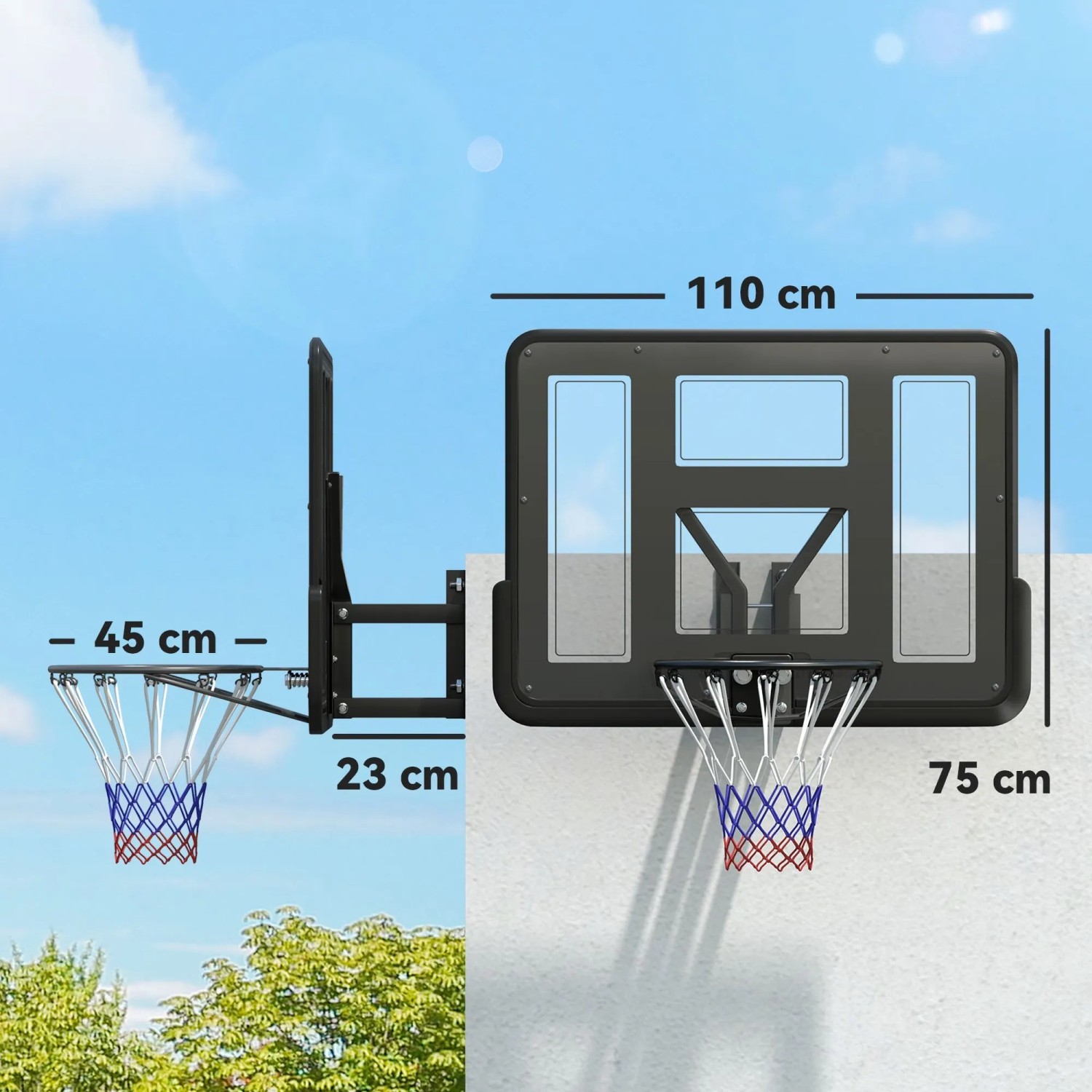 SPORTNOW Basketballkorb zur Wandmontage, schwarz, aus Stahl/Kunststoff. Bruchsichere 110x75cm Rückwand, federnder Korb.