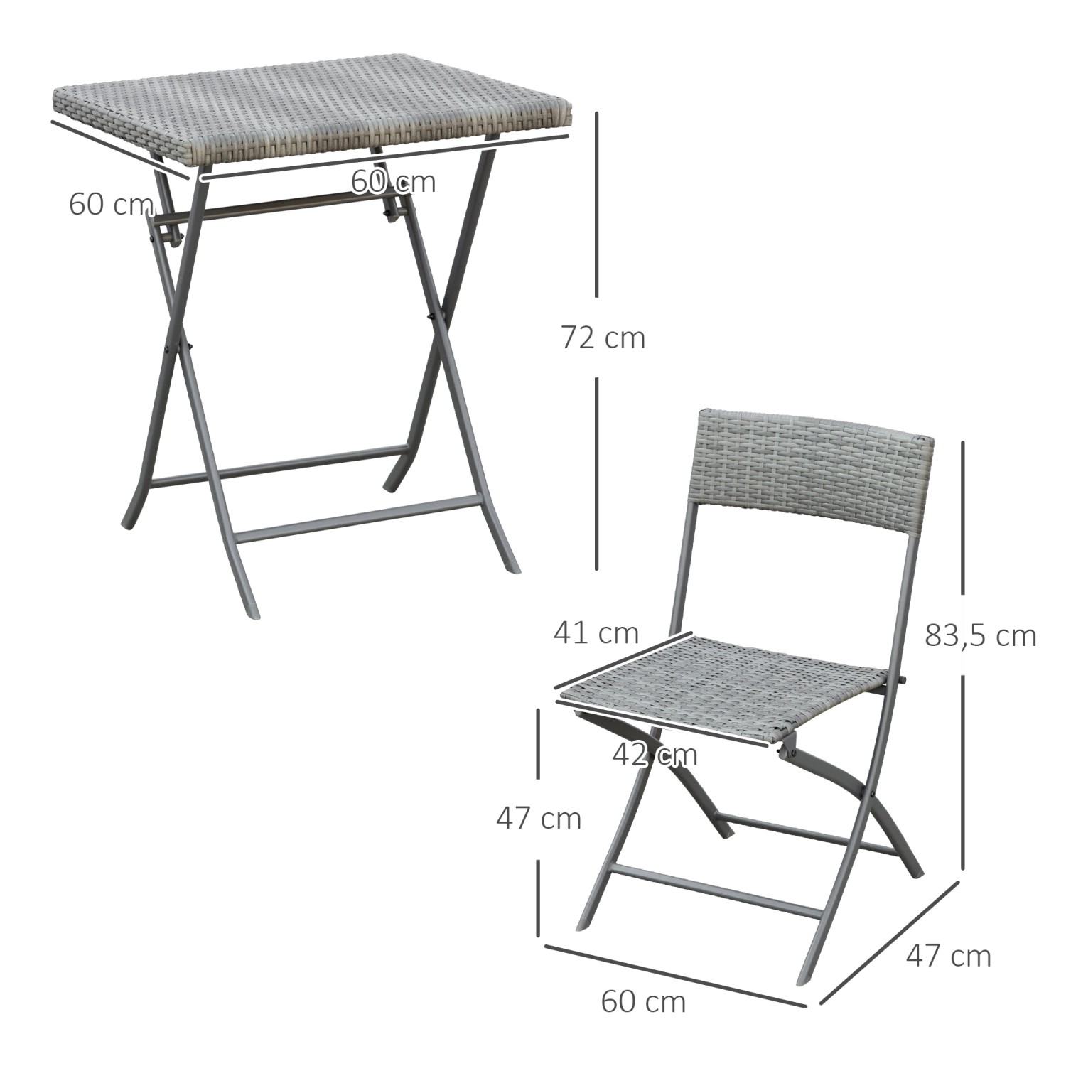 Outsunny Bistroset, 3-teilig, Polyrattan, bestehend aus Klapptisch und zwei Stühlen. Gartenmöbel für Balkon und Terrasse.