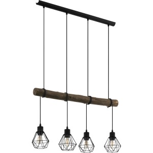 Eglo Pendelleuchte Horningtops 1, 4-flammig, schwarz-natur mit Holzbalken und Drahtschirmen.