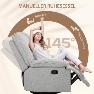 Grauer Relaxsessel mit Liegefunktion und Fußstütze, Rückenlehne bis 145° verstellbar.