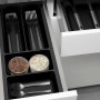 Anthrazitfarbener SOTECH ORGA-BOX-3 Besteckeinsatz mit Canvas-Struktur in einer Küchenschublade. Ordnungssystem.