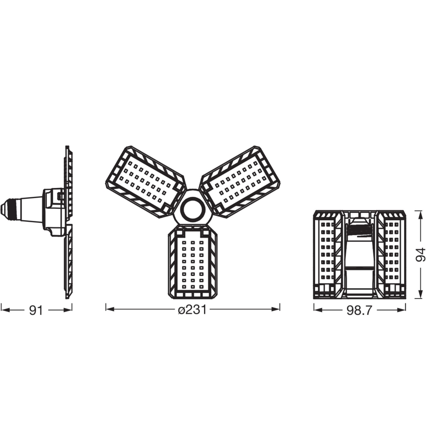 Technische Zeichnung der Ledvance Highbay E27 Blade Deckenleuchte mit Maßen.