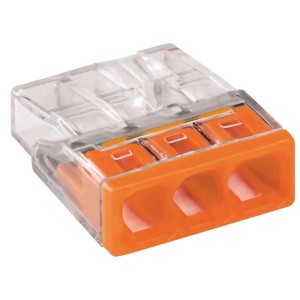 WAGO 2273 3-polige Verbindungsklemme aus transparentem und orangefarbenem Kunststoff für Elektroinstallation.