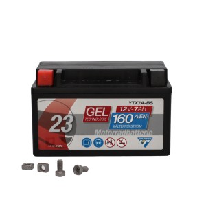 Cartec GEL Motorradbatterie YTX7A-BS 7Ah 160A mit Zubehörschrauben.