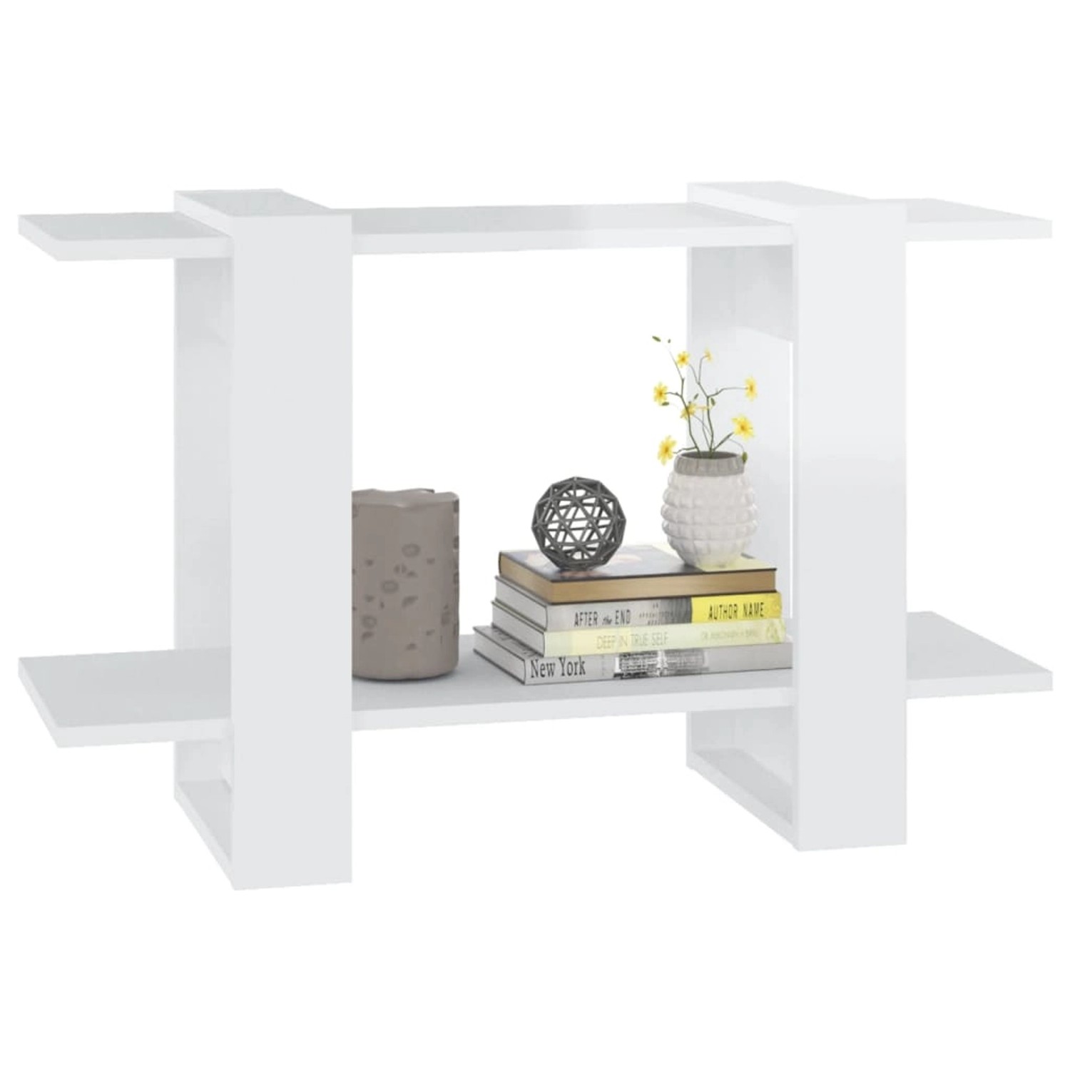 Modernes, weißes Bücherregal/Raumteiler (80x30x51 cm) mit zwei Ablagen. Ideal für Bücher und Deko.