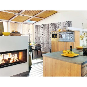 Wohnraum mit Komar Fototapete Vlies Woods (400x270 cm) mit Birkenwald-Motiv.