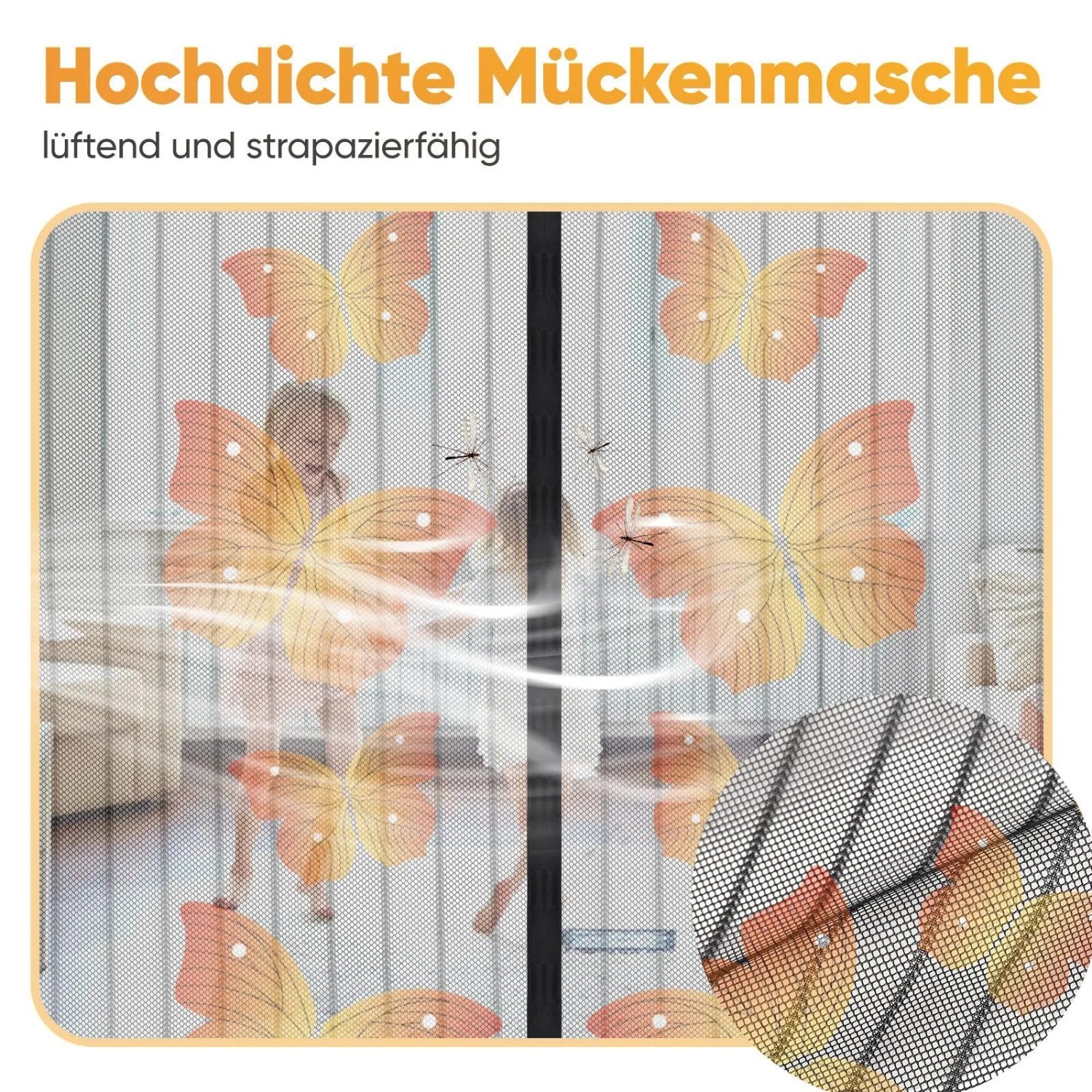 Magnetisches Fliegengitter für Balkontür mit Schmetterlingsmotiv. Hochdichte Mückenmasche schützt vor Insekten.