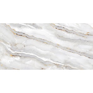 Bodenfliese Feinsteinzeug, glasiert und poliert, 60x120 cm, Marmoroptik in Weiß mit goldenen Akzenten.