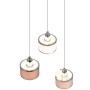 Moderne Trio Pendelleuchte Kaprun Chrom mit drei grau-weißen Stoffschirmen, höhenverstellbar.