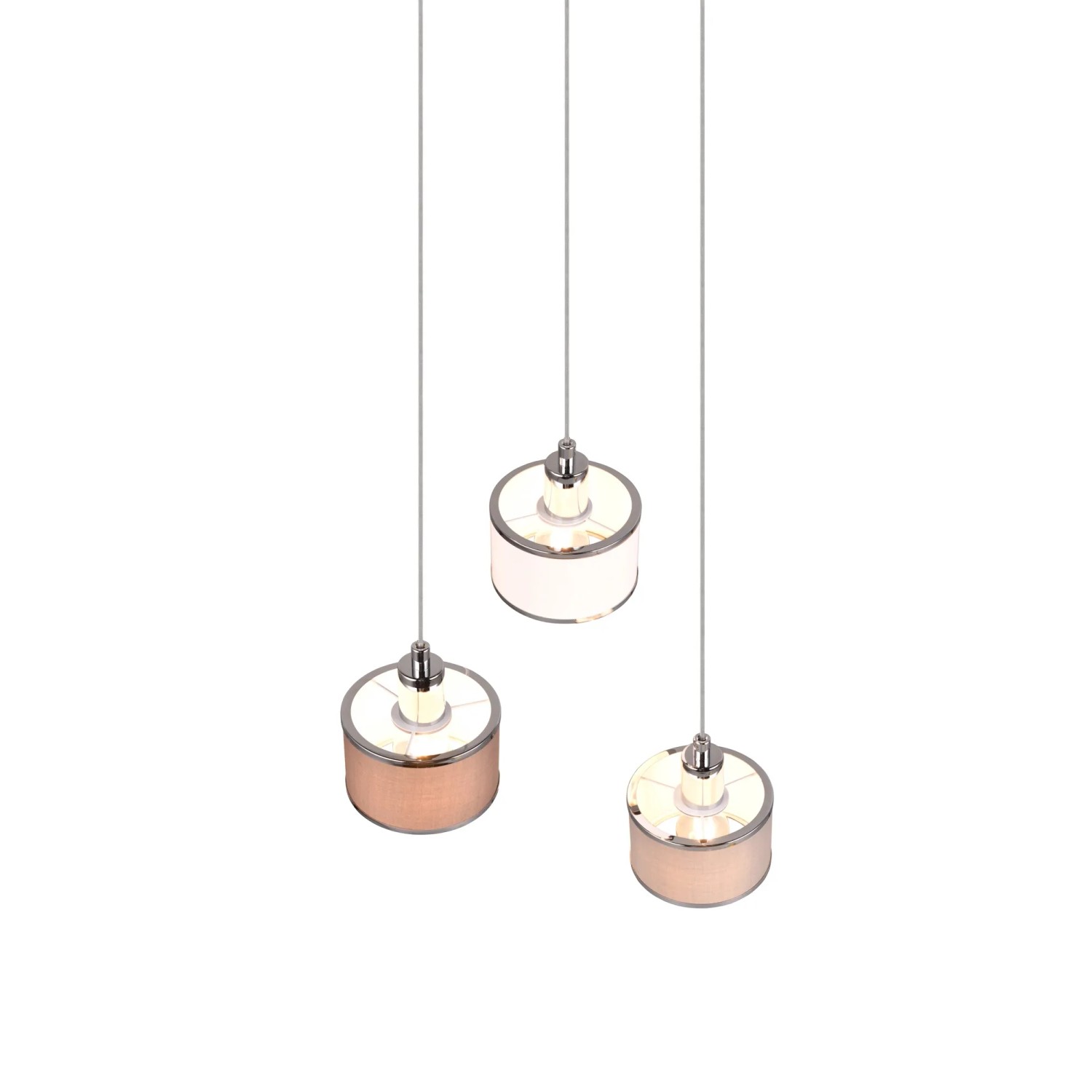 Moderne Trio Pendelleuchte Kaprun Chrom mit drei grau-weißen Stoffschirmen, höhenverstellbar.