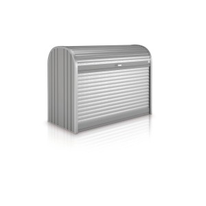 Biohort StoreMax 120 Universalbox in Quarzgrau Metallic mit Rollladen und Zylinderschloss.