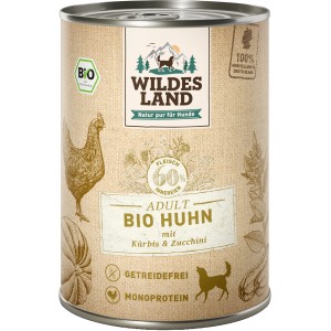 Wildes Land Bio Hunde-Nassfutter Huhn mit Amaranth, 400g Dose. Nassfutter für Hunde mit Huhn, Kürbis und Zucchini.